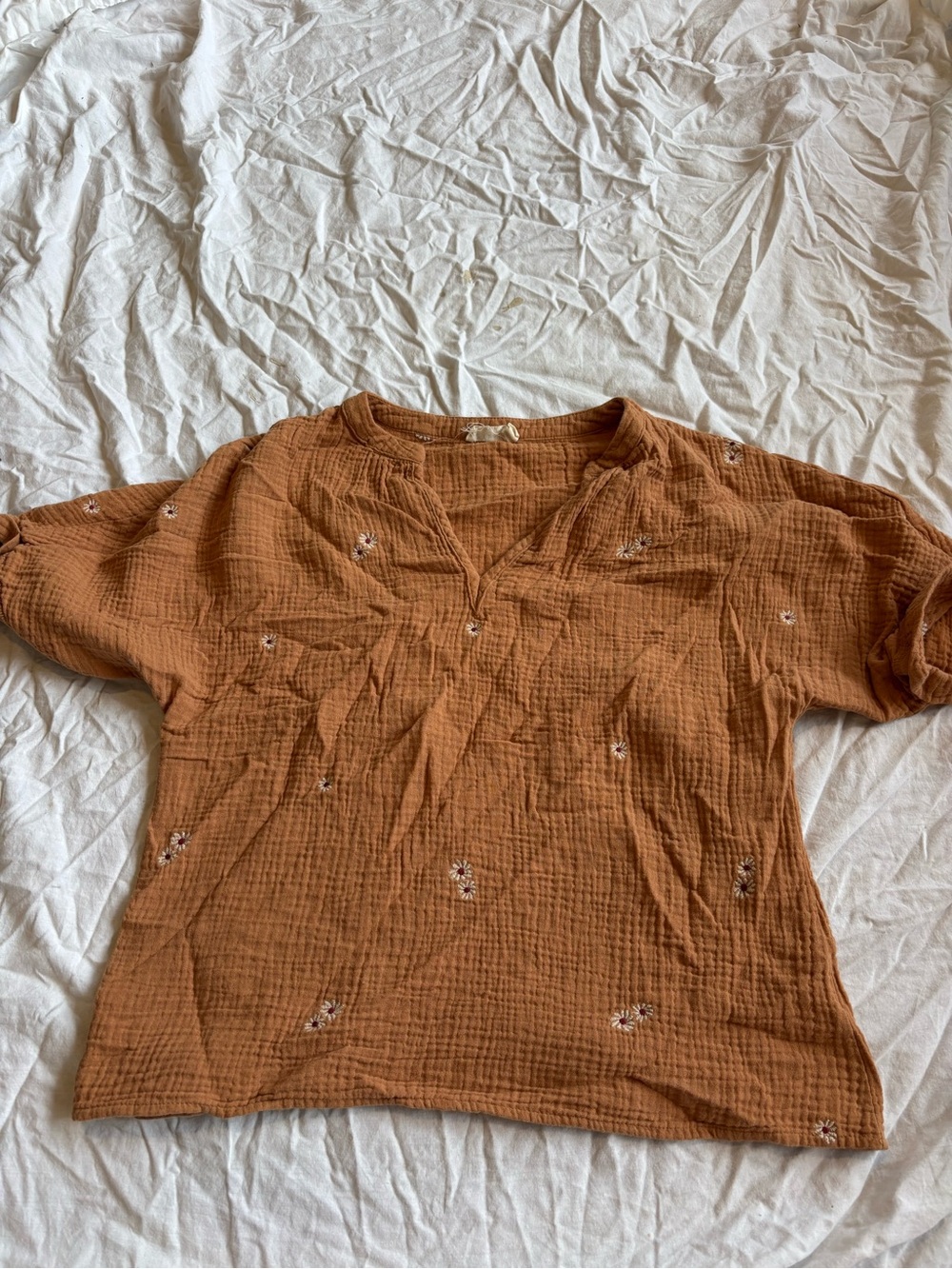Roolee Rust Embroidered Cotton Gauze Blouse